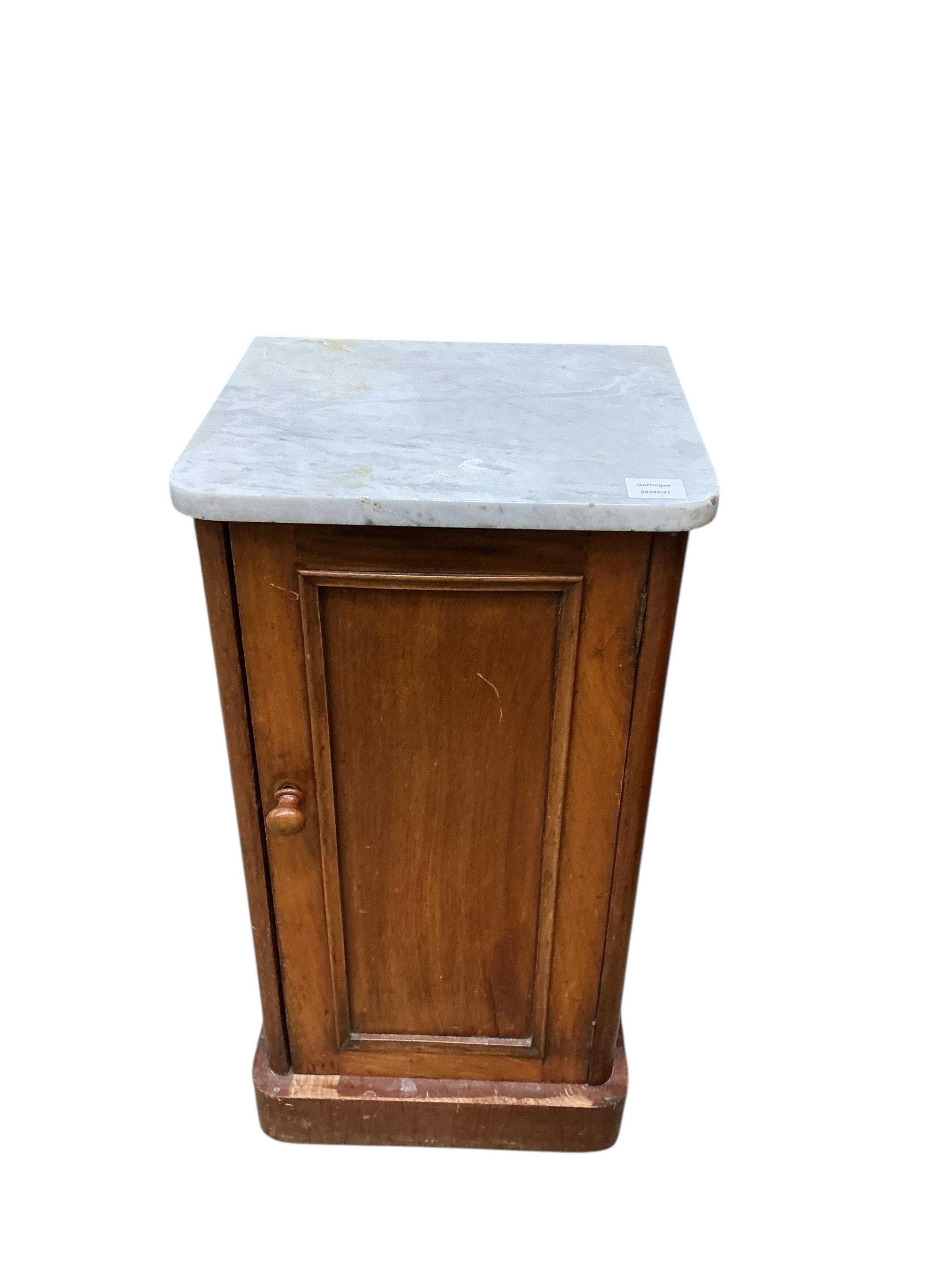 A Victorian mahogany marble top bedside cabinet, width 39cm, depth 34cm, height 76cm (marble top damaged)